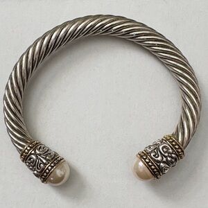 Silver and Gold Twisted Cuff Bracelet with pearl details - size 7” with flex